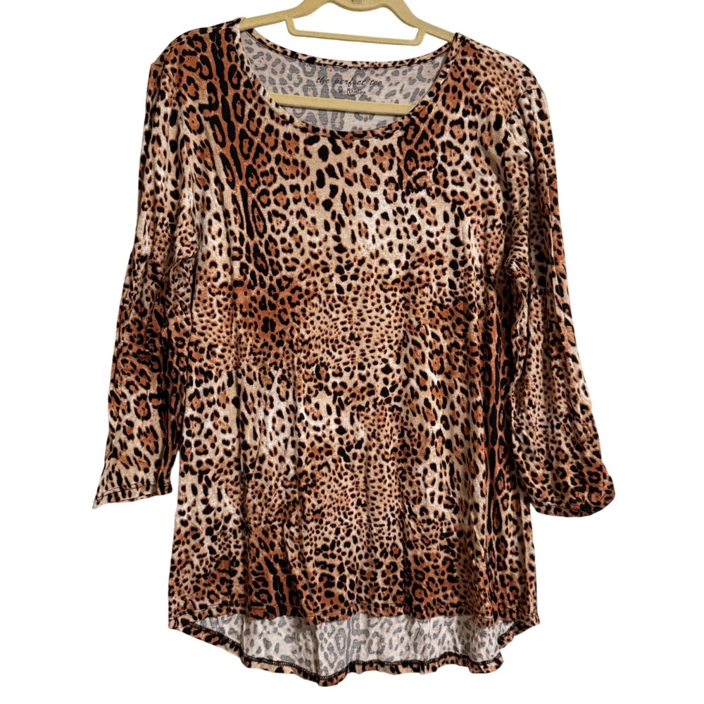 Como Vintage The Perfect Tee Leopard Animal‎ Print 3/4 Sleeve Top Brown Large